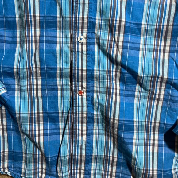 PD&C Men Large Blue Plaid Button-Up Collared Pocket Long Sleeve Causal‎ Shirt - Picture 6 of 7